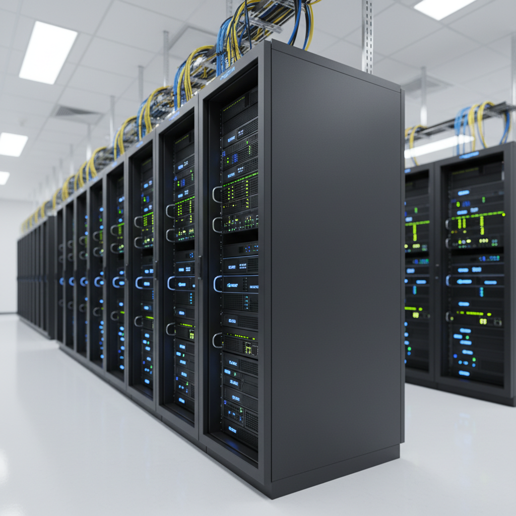 A sleek, dark-grey enterprise server rack filled with illuminated network equipment, status LEDs glowing in blues and greens, standing in a pristine data center aisle. Smooth, reflective white floor panels and neatly organized overhead cable trays emphasize order and reliability. Cool, diffused ceiling lighting casts clean, subtle shadows, highlighting metal textures and ventilation patterns. The mood is professional and technologically advanced, suggesting robust IT services and infrastructure management. Photographic realism from a slightly low, three-quarter angle, with sharp focus throughout the rack and a gentle bokeh on the distant rows of hardware. The overall composition is clean and modern, evoking trust in high-end IT solutions and digital transformation capabilities.