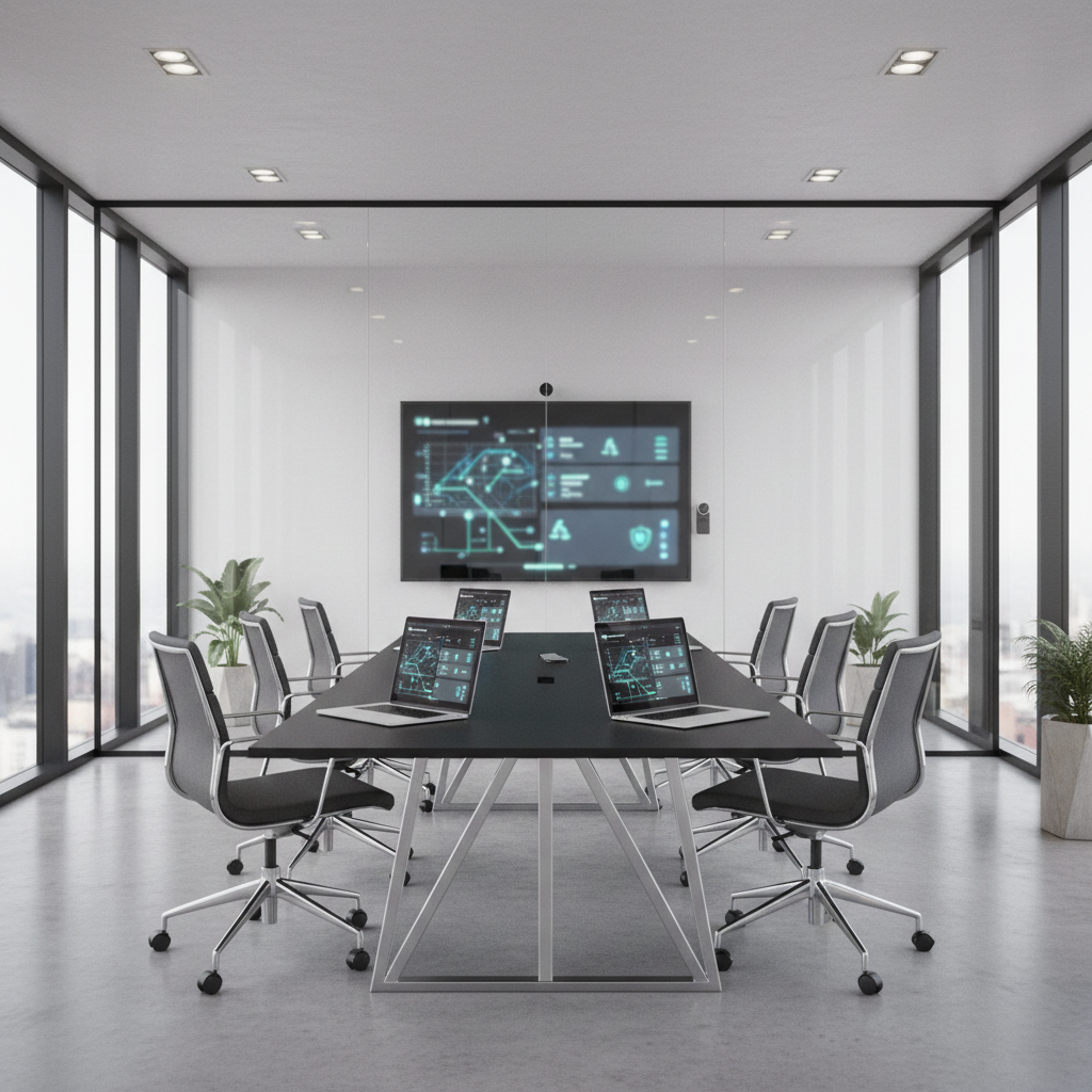 A modern glass-walled meeting room featuring a long matte-black conference table with several open, high-end laptops displaying abstract dashboards and system diagrams on glowing screens. Around the table, ergonomic chairs are slightly pulled back, implying an active strategy session without showing people. A large wall-mounted display presents a blurred interface suggesting IT service architecture and legal-compliance icons. Soft, neutral overhead lighting and natural daylight from floor-to-ceiling windows create a balanced, professional ambiance. Shot at eye level with a wide-angle lens, the clean, minimalist composition emphasizes collaboration, planning, and reliable technology consulting in a corporate environment, rendered in photographic realism.