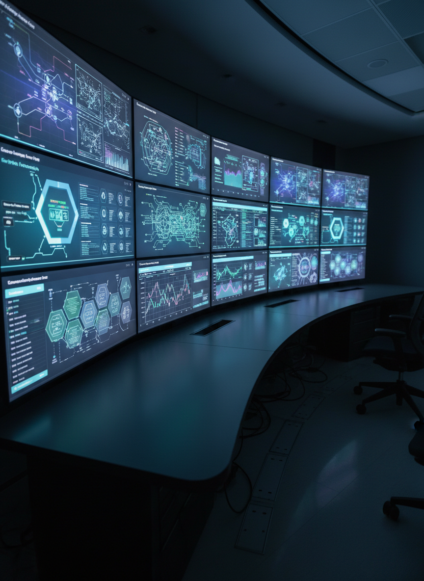 An ultra-modern operations center featuring a long curved desk lined with multiple large, thin-bezel monitors forming a panoramic control wall. Each screen shows abstract system maps, network diagrams, uptime metrics, and compliance indicators, all intentionally blurred to avoid specific text yet clearly conveying continuous monitoring and legal compliance. The room is dim, illuminated primarily by the cool glow of the displays, casting soft reflections on the matte dark surface of the desk. Cables are discretely managed in sleek channels, underscoring professionalism and order. Shot from a slightly elevated angle with strong depth, the photographic image communicates 24/7 IT support, cybersecurity vigilance, and mission-critical reliability in a high-tech atmosphere.