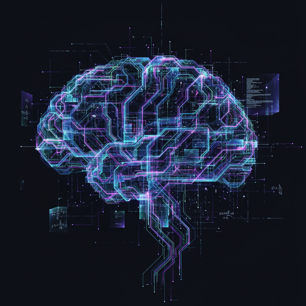 Abstract visualization of AI and machine learning, glowing neural network connections on dark background, data streams and algorithmic patterns, futuristic and professional