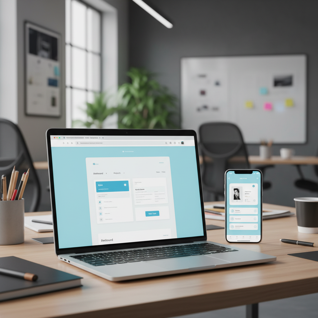 Modern responsive web and mobile app interfaces displayed on laptop and smartphone side by side, clean UI design on bright screens, professional product design studio