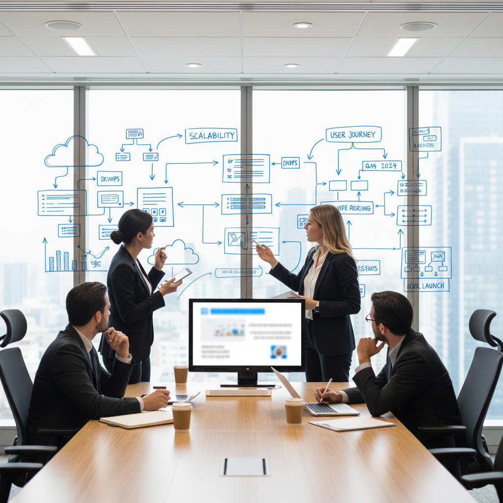 Professional business strategy meeting around a whiteboard with tech diagrams and roadmap sketches, modern conference room, collaborative atmosphere