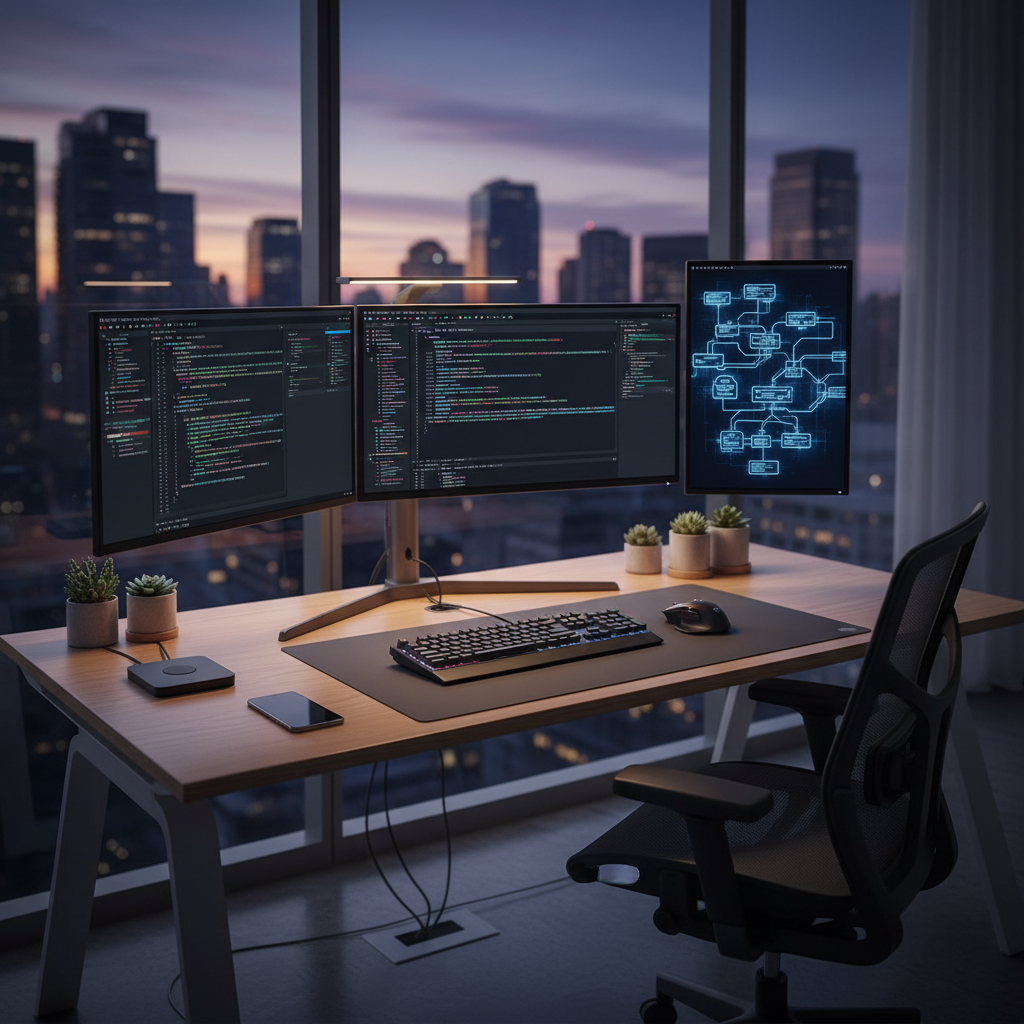 A professional developer's workspace with multiple monitors displaying complex code and architecture diagrams, dark themed IDE, clean modern desk setup